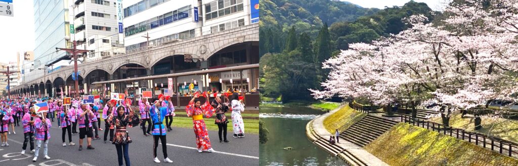 鹿児島の祭りと桜の風景